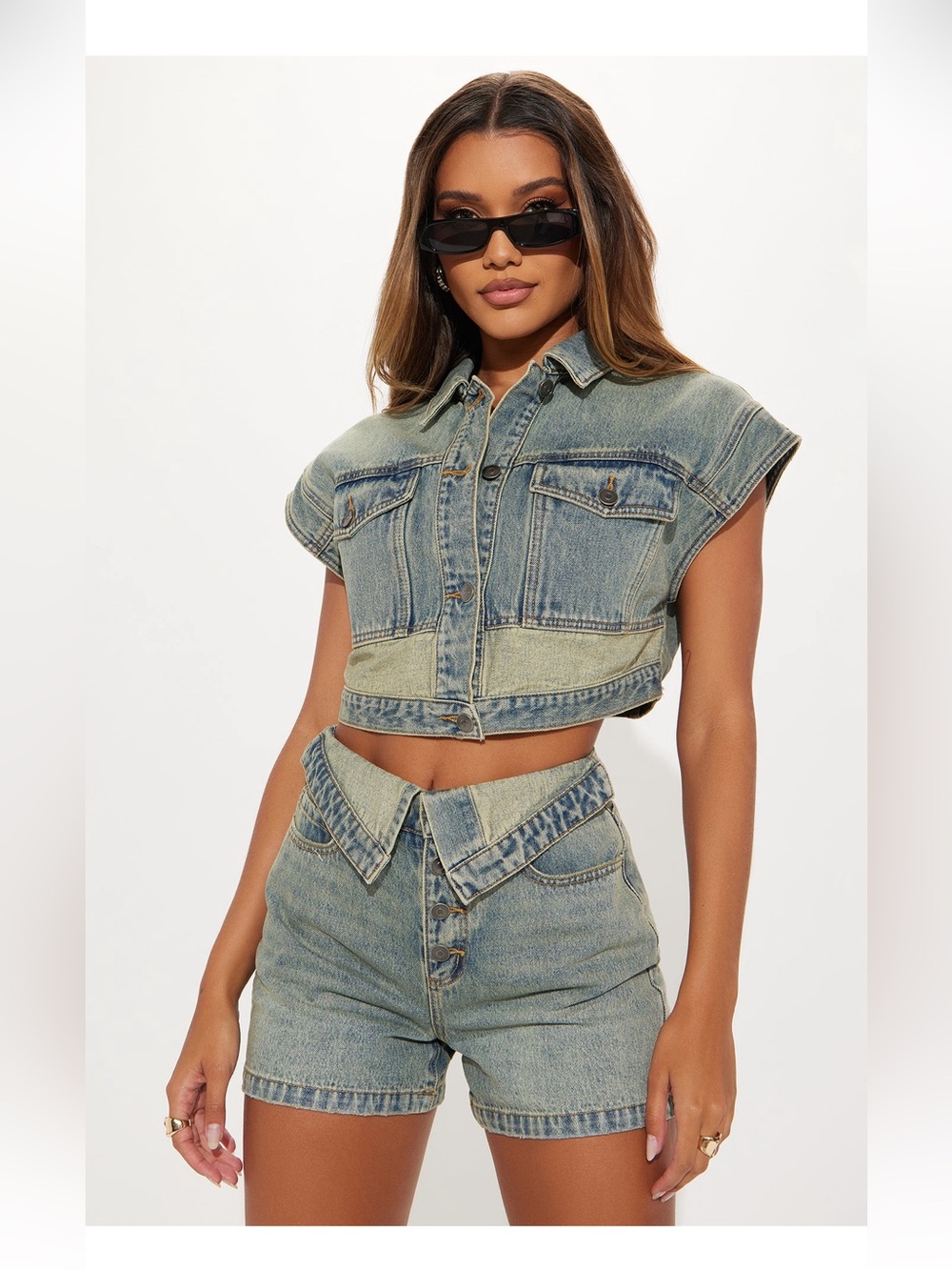 Fashion Nova Washed Blue Cropped Denim Vest & High-Rise Shorts Set